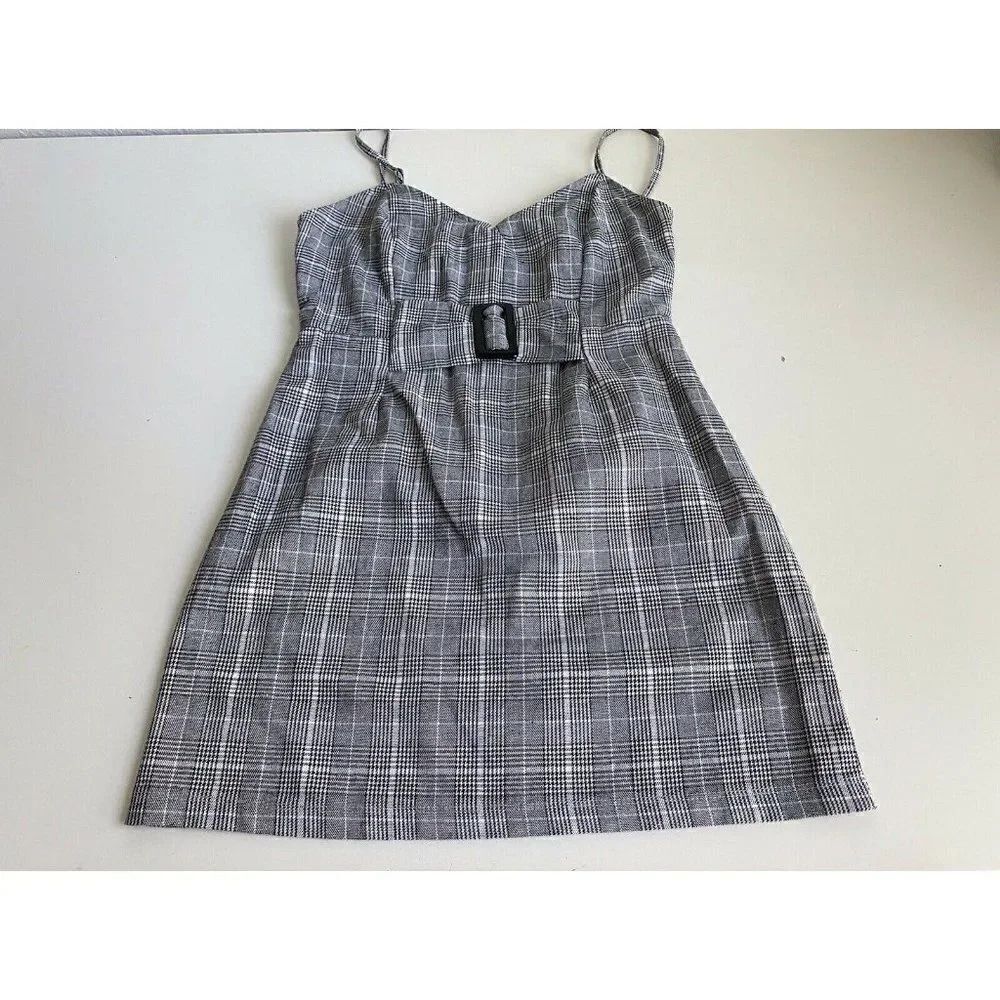 Kendall & Kylie Size S Gingham Mini Dress Belted Spaghetti Straps Plaid